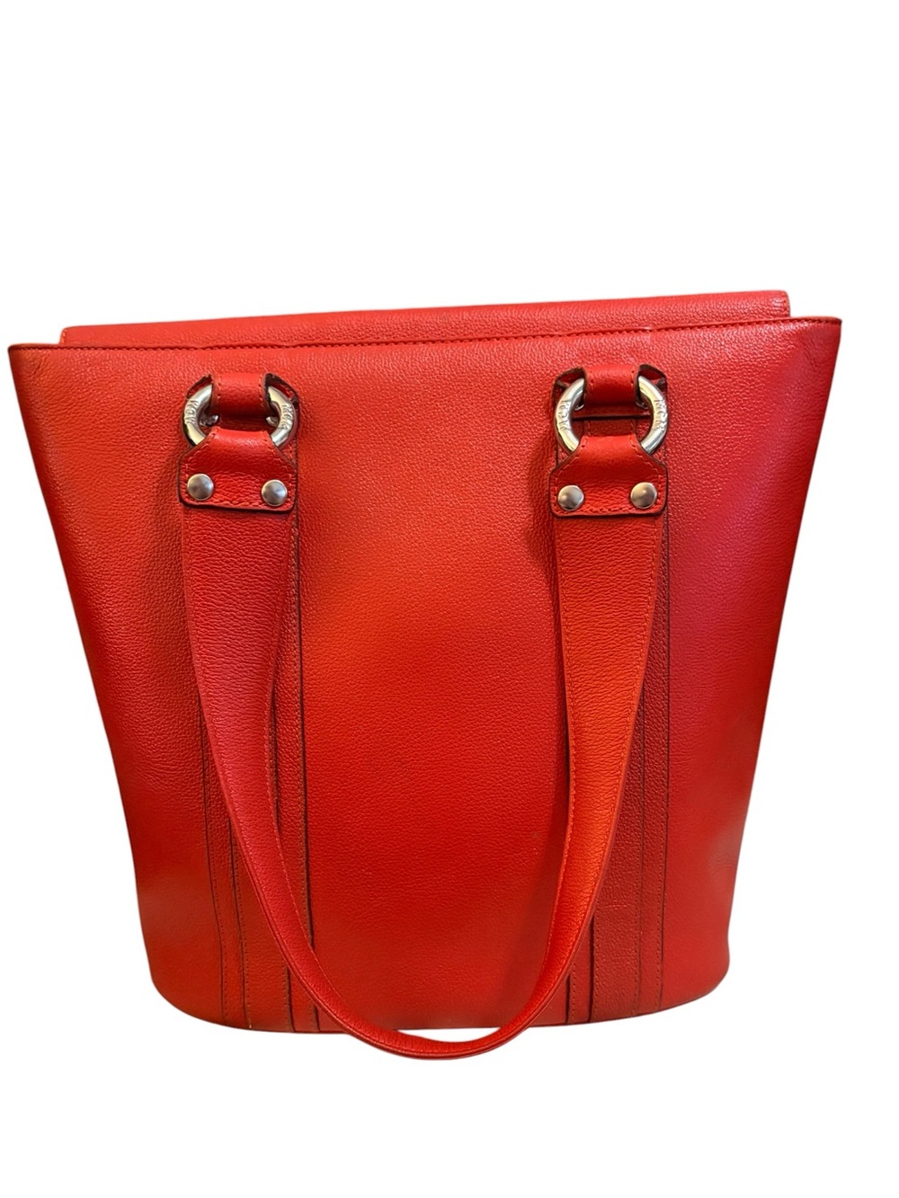 MCM Coral Red Pebbled Leather Studded Tote Bag - Picture 5 of 14